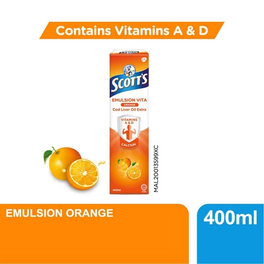 Scott’s Emulsion 400ml Cod Liver Oil Orange Flavour Vitamin A & D x1 Bottle