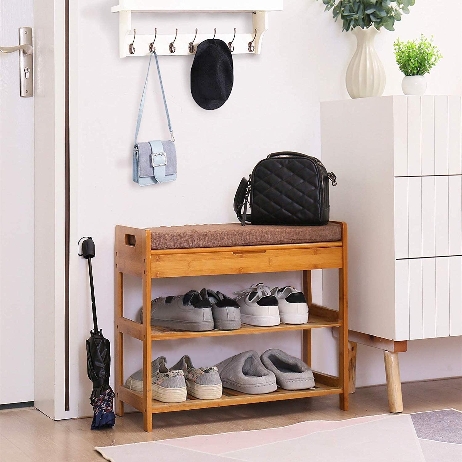 3-Tier Shoe Rack Bench Entryway Storage Shelf Holds up to 240 LBS Bamboo New