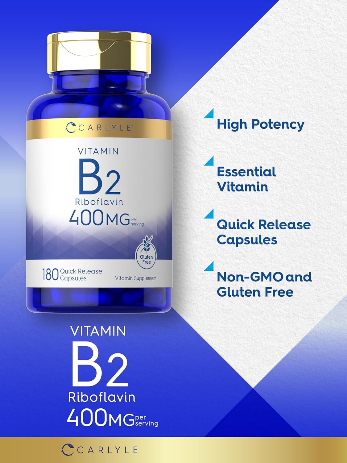 Carlyle Vitamin B-2 400mg 180 Count Non-GMO Gluten Free Supplement B2 Riboflavin