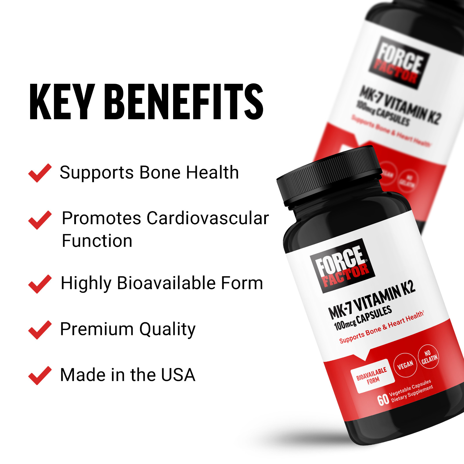 Force Factor MK-7 Vitamin K2 100mcg, Bone Health Support, 60 Capsules