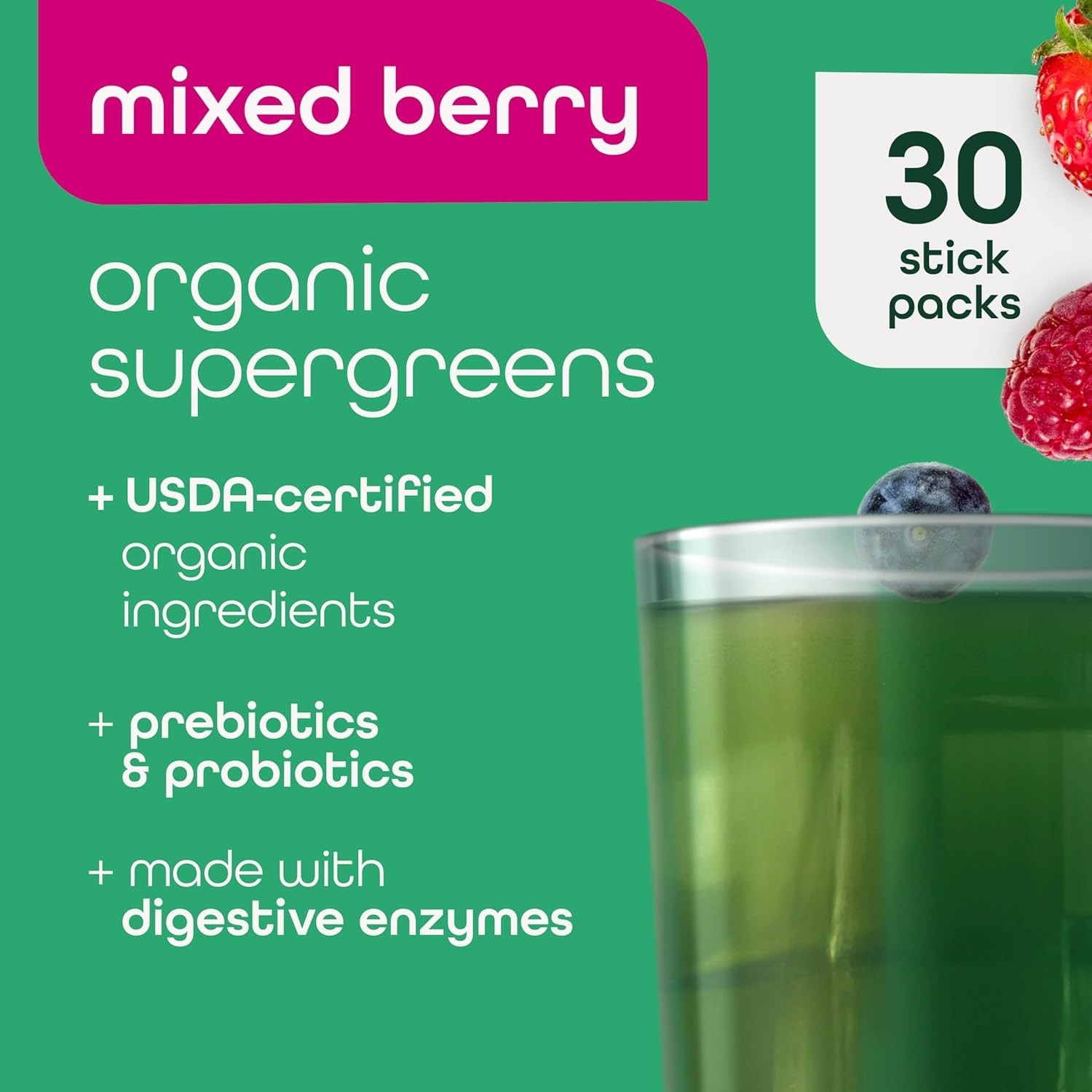 Organic Super Greens Powder – 70+ Superfoods, 0 Sugar, 3g Fiber, Mixed Berry
