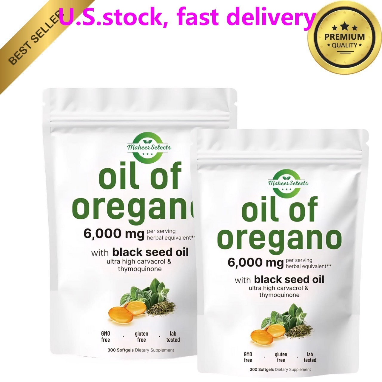 2 Pack Oil of Oregano 6000mg Black Seed Oil 600 Softgels Immune Digestive Carvac