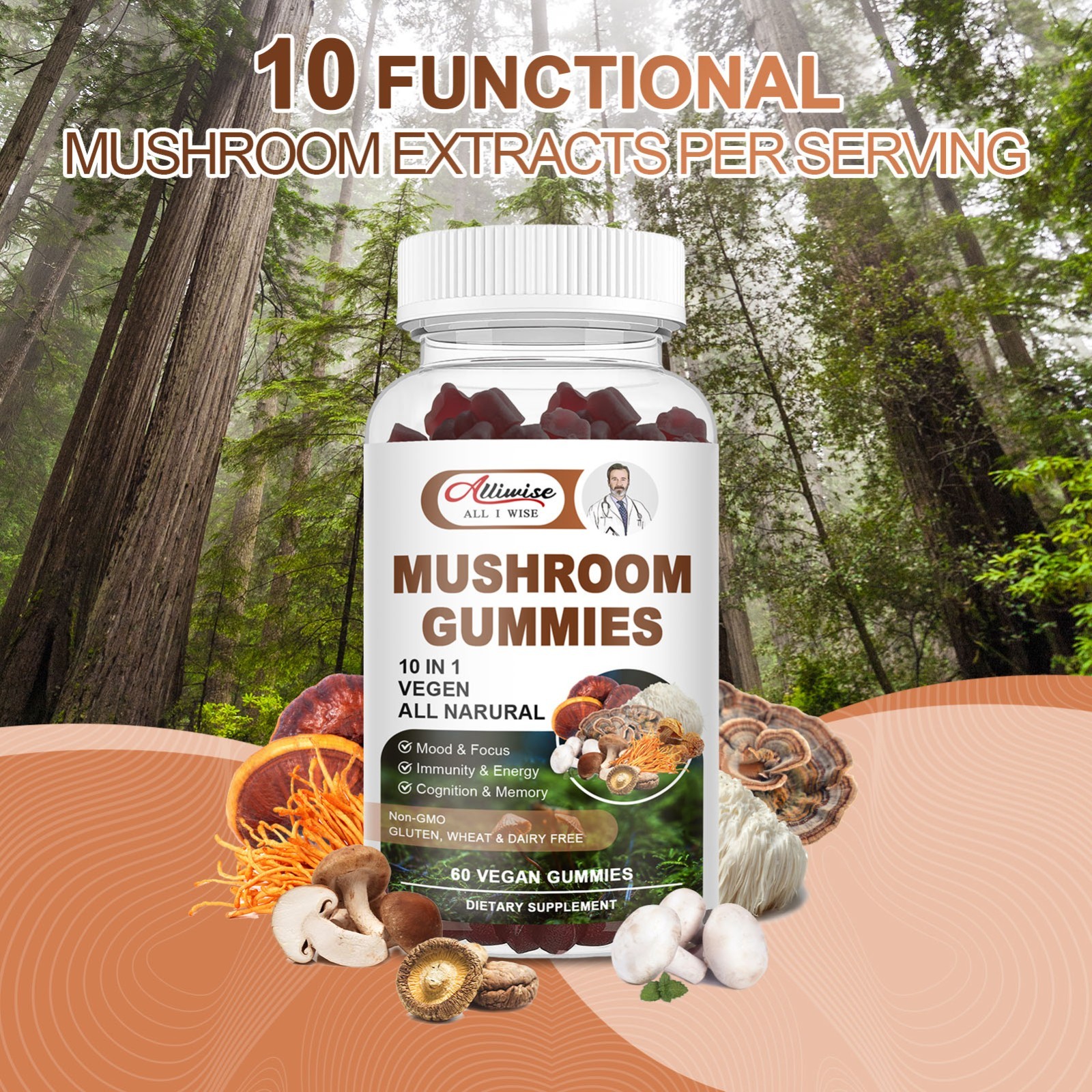 Mushroom Extract Complex Gummies Lions Mane Chaga Reishi Focus Memory Immunity