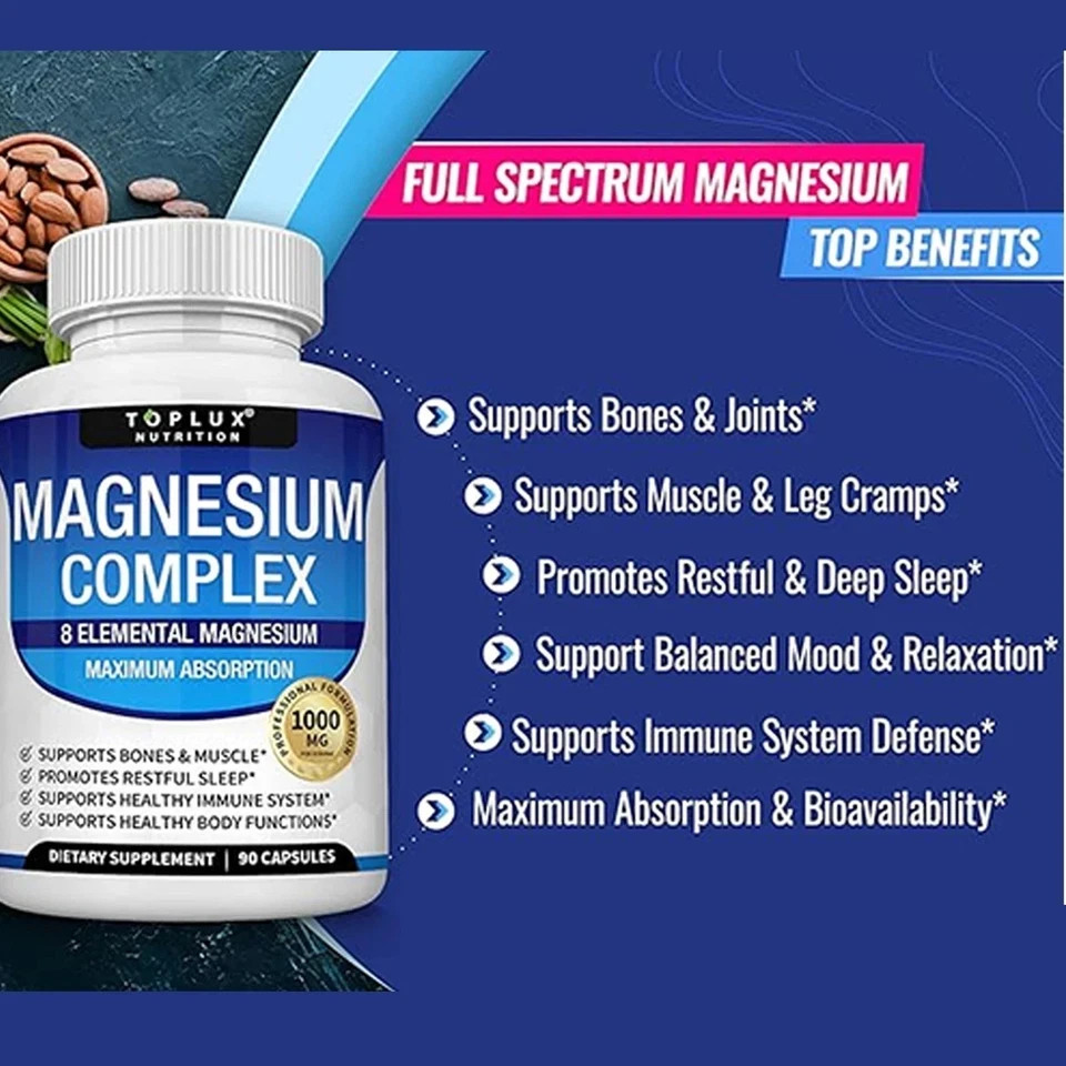 3Pack Toplux Nutrition Magnesium Complex 1000mg Supports 8 Elemental Magnesium