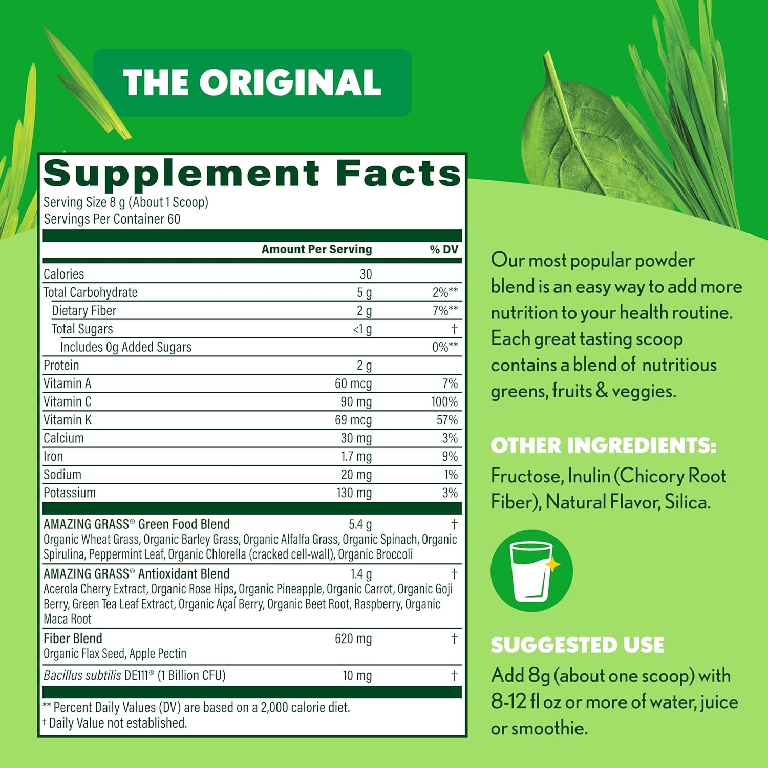 Organic Superfood Greens Blend Powder with Spirulina & Chlorella, 60 Servings