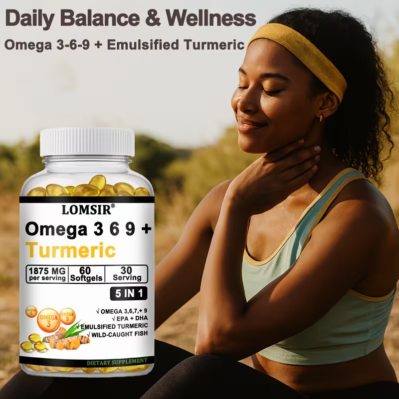 Triple Omega 3 6 9 Supplement Plus Turmeric Curcumin – 60 Softgels