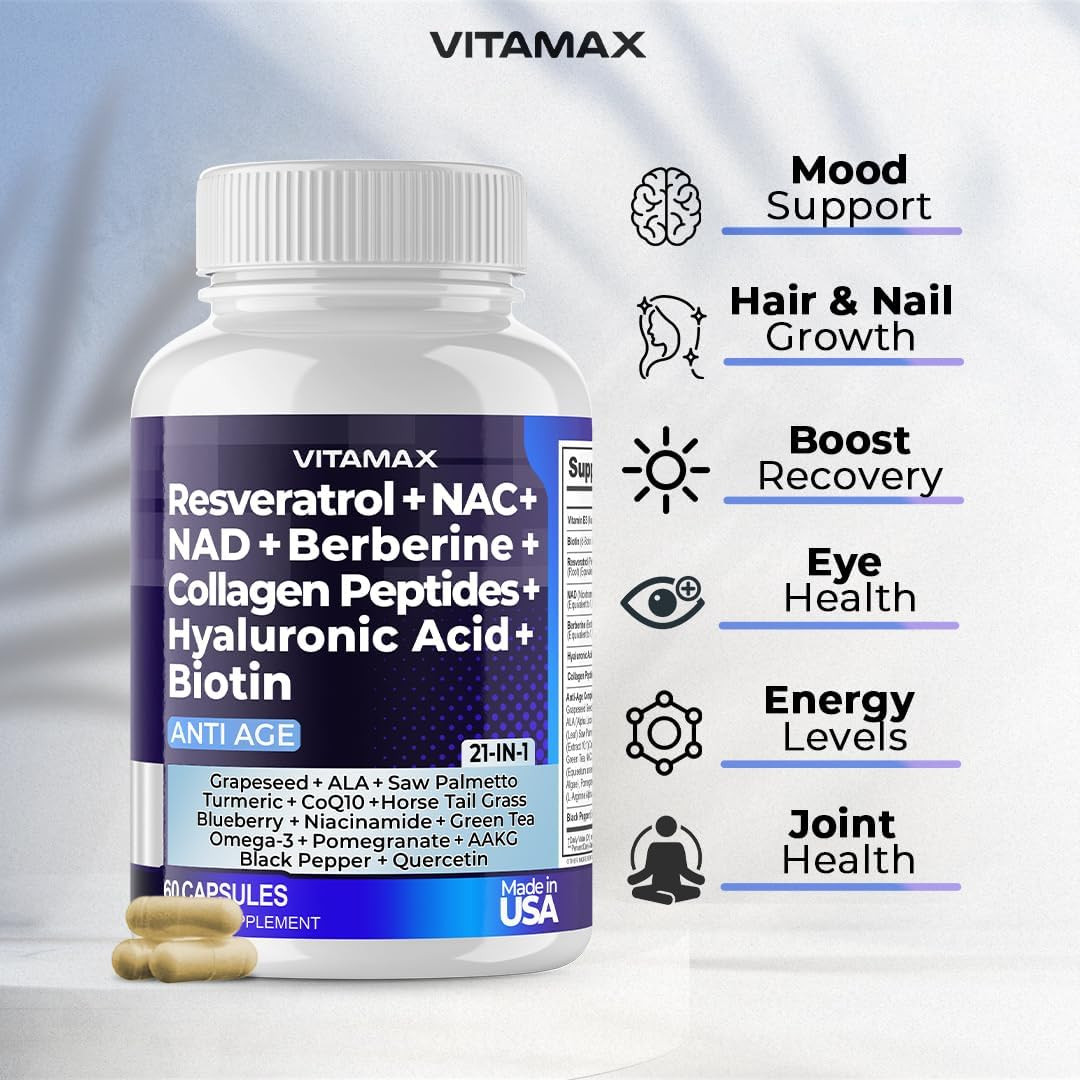 Resveratrol NAD+ Berberine Hyaluronic Acid – Biotin Grape & Blueberry + NAC – Co