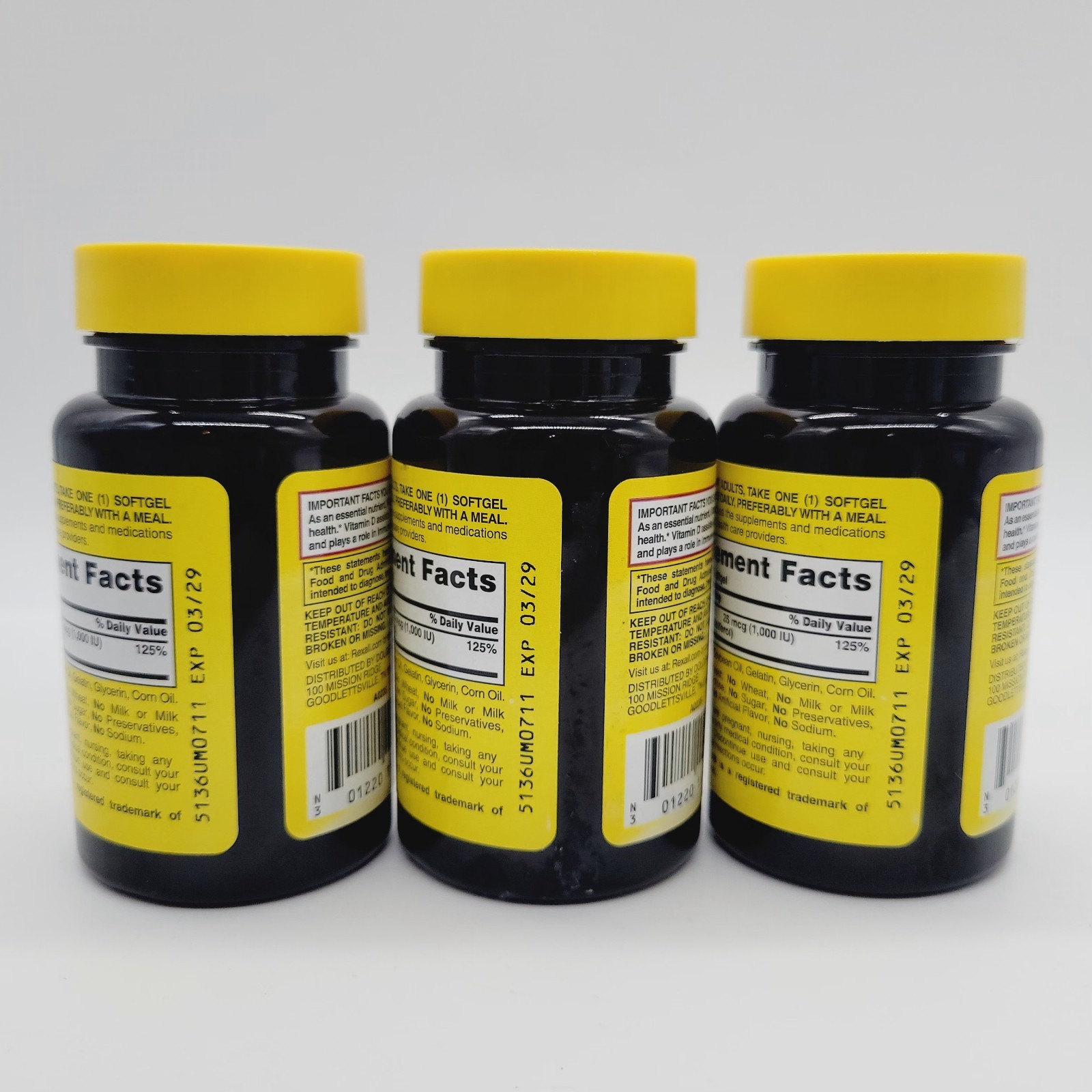 3x REXALL Vitamin D3 1000 IU 25mcg Immune System Bone Health 60ct Ea Exp 03/2029
