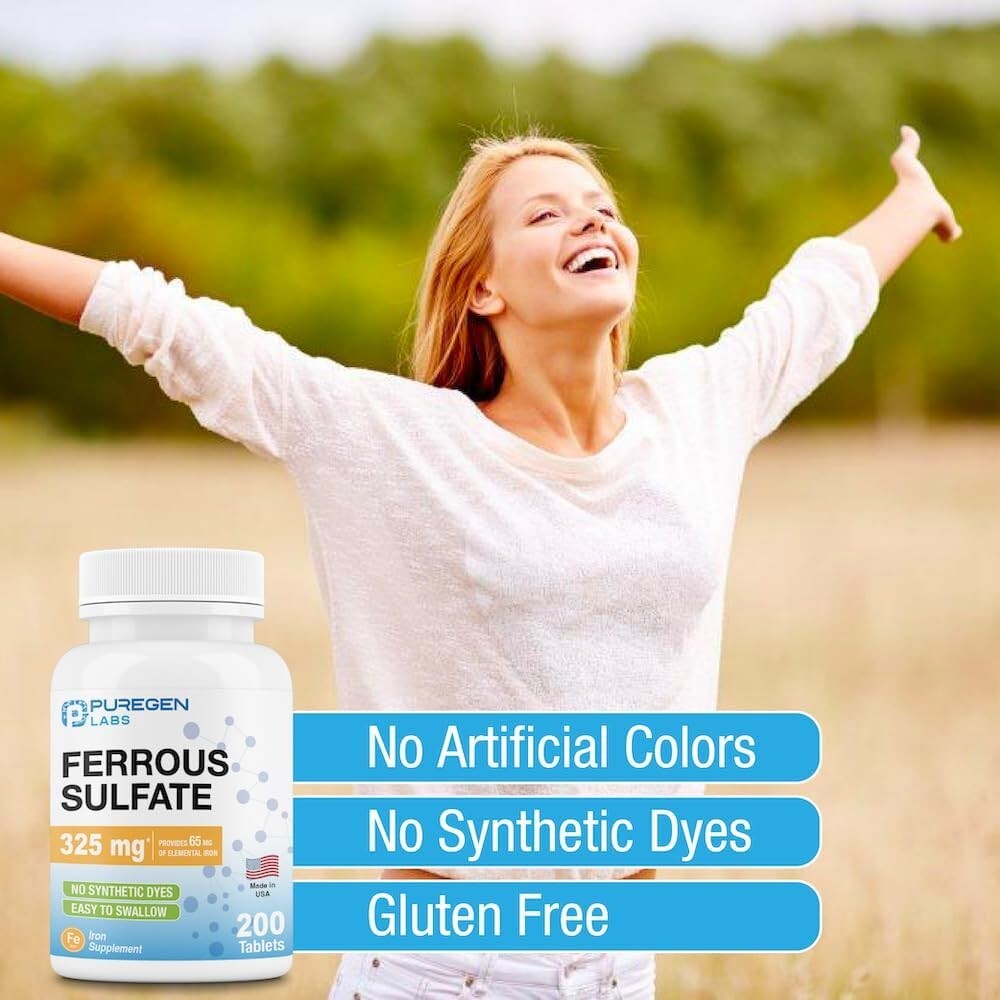 Puregen Ferrous Sulfate 325mg 65mg Elemental Iron High Potency Iron 200Tabs 1Pk