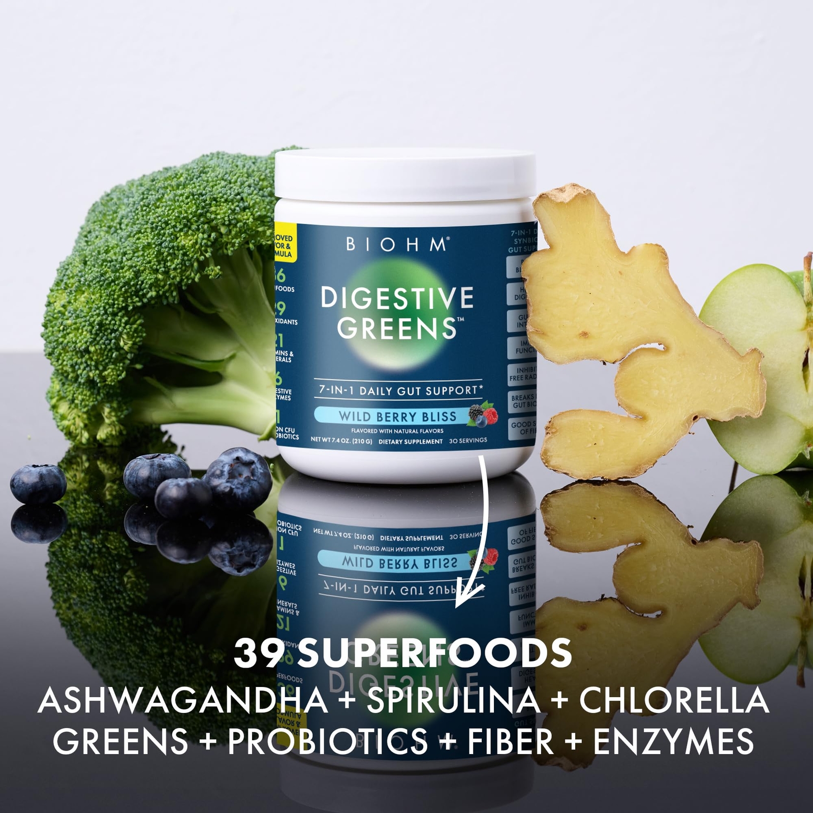 BIOHM Digestive Greens Green Superfood Powder 7.4 Oz 30 Servings Immune & Gut…