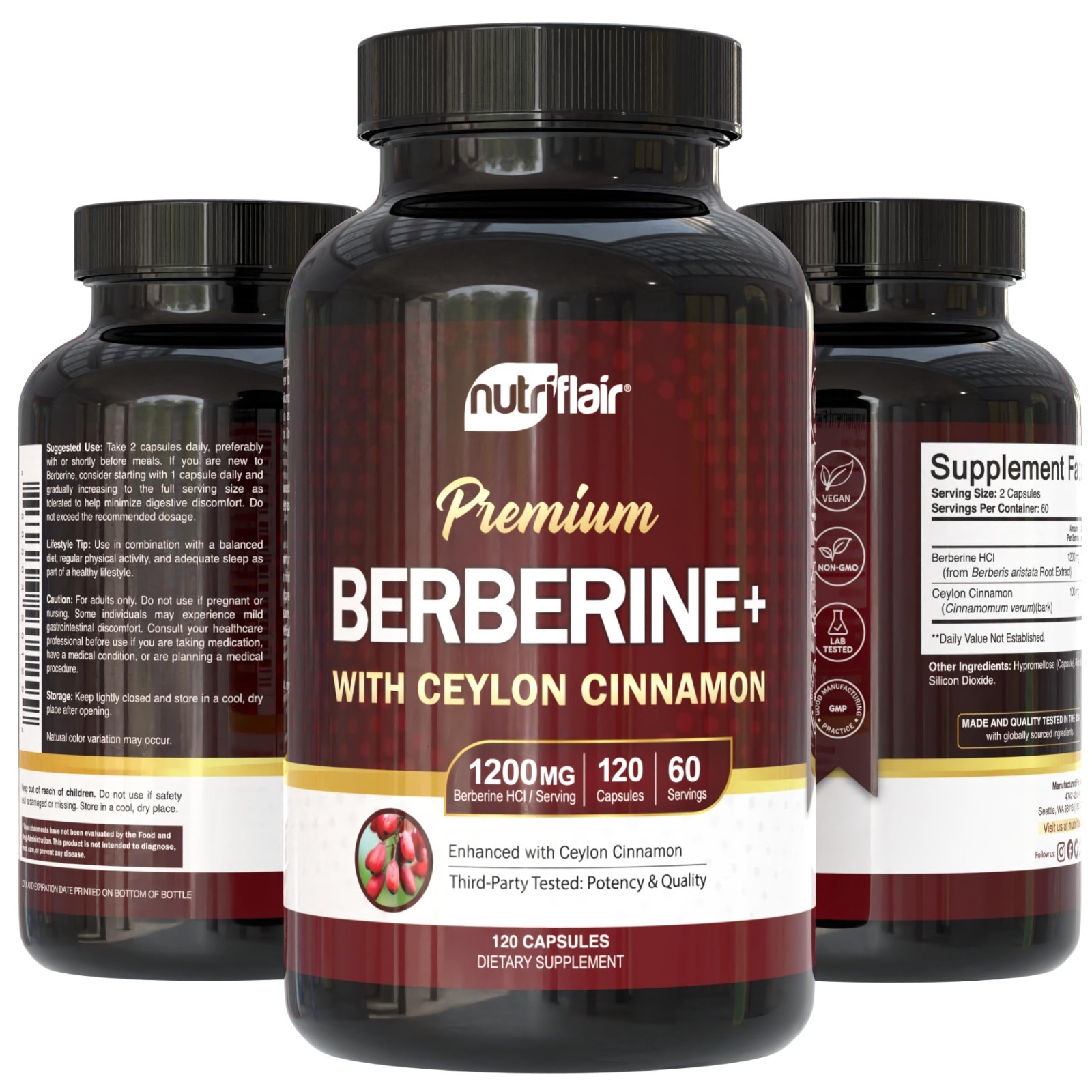 Berberine HCl 1200mg Capsules with Ceylon Cinnamon – Dietary Supplement, 120 Pil