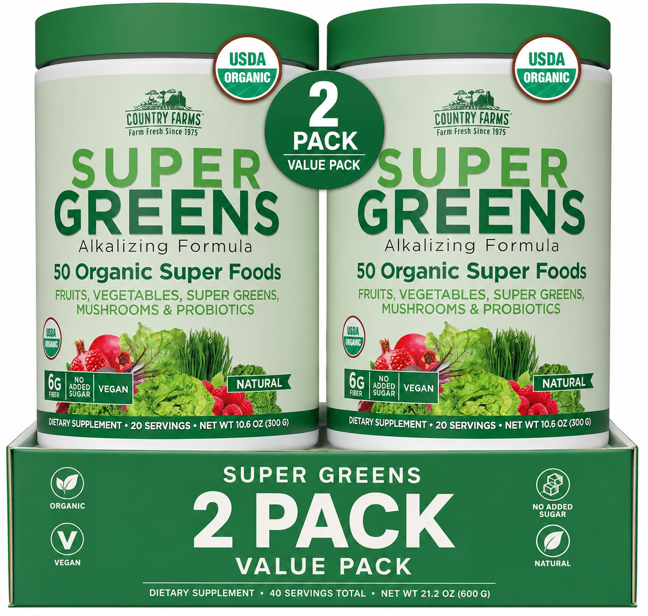 Country Farms Super Greens Alkalizing Formula Natural 300 g, 10.6 oz (2 Packs)