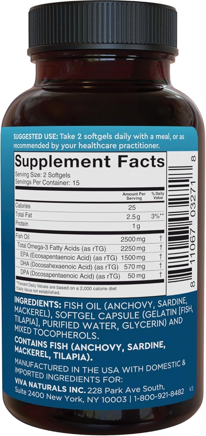 Viva Naturals Triple Strength Omega 3 Fish Oil Supplement – 2500 mg Fish Oil wit