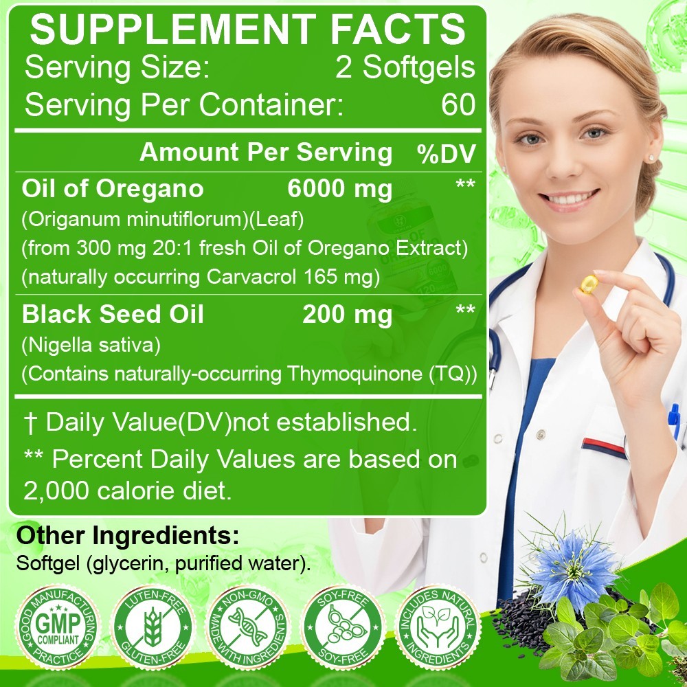 Oil of Oregano Softgels 2 in 1 6000mg with Black Seed Oil Immune Support