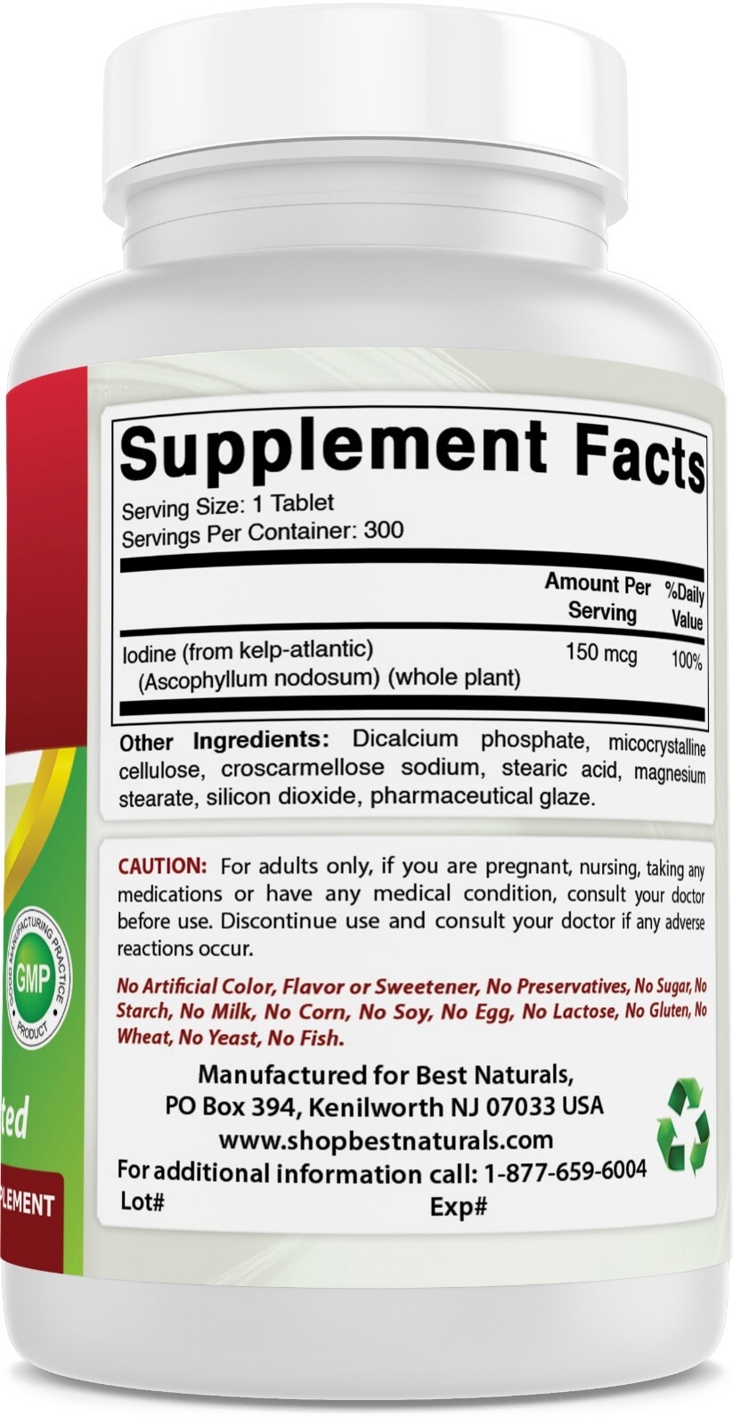 Best Naturals Kelp 150 mcg 300 Tablets *Healthy Thyroid Function*