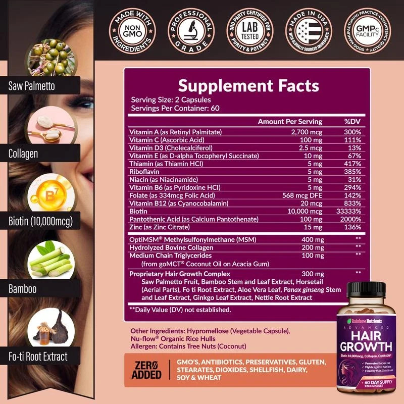 24-in-1 Advanced Hair Growth Vitamins | Biotin10,000mcg, Collagen, Patented Opt