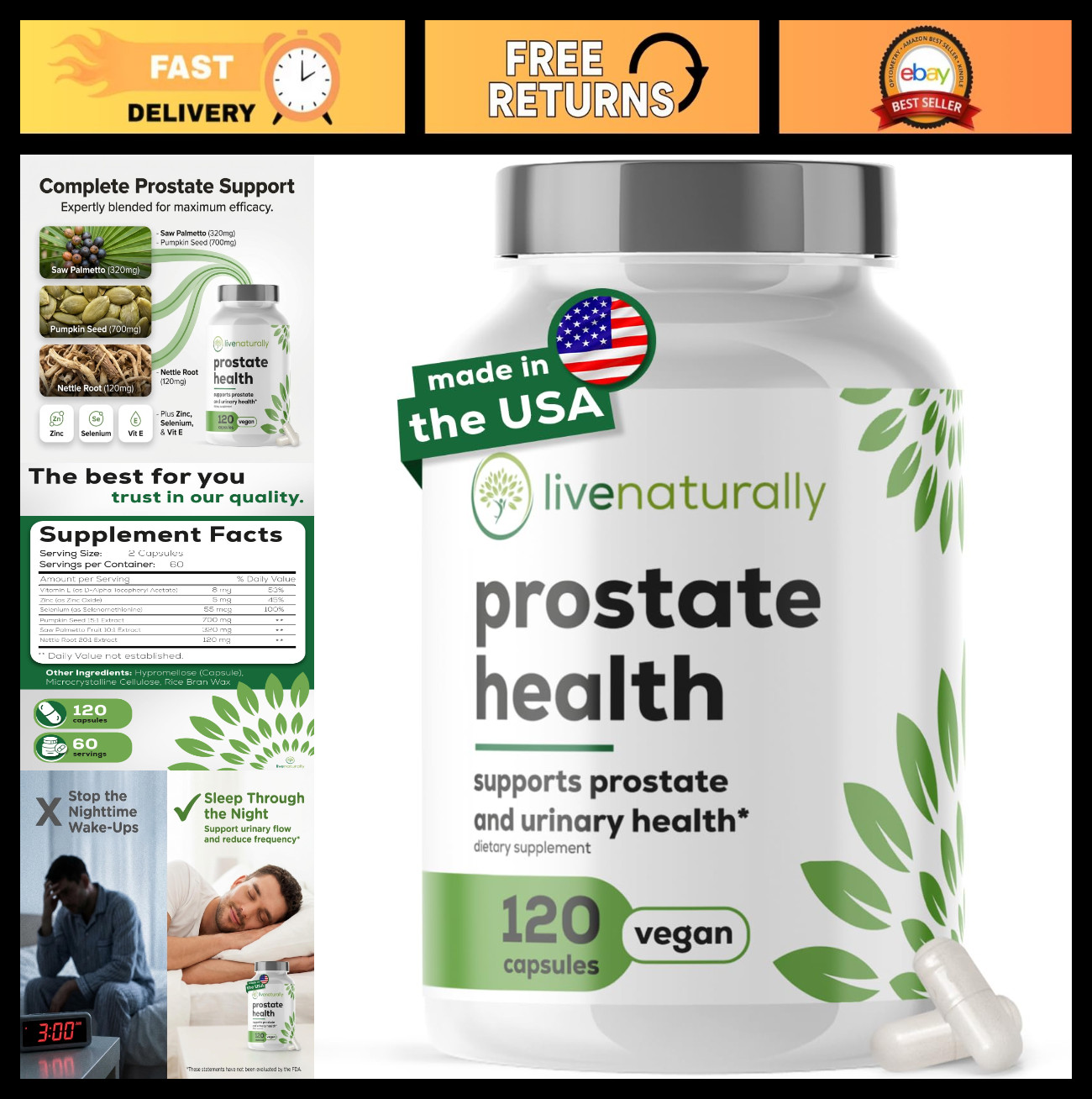 Prostate Health Support Supplement – Saw Palmetto, Pumpkin Seed, Zinc, 120 Caps