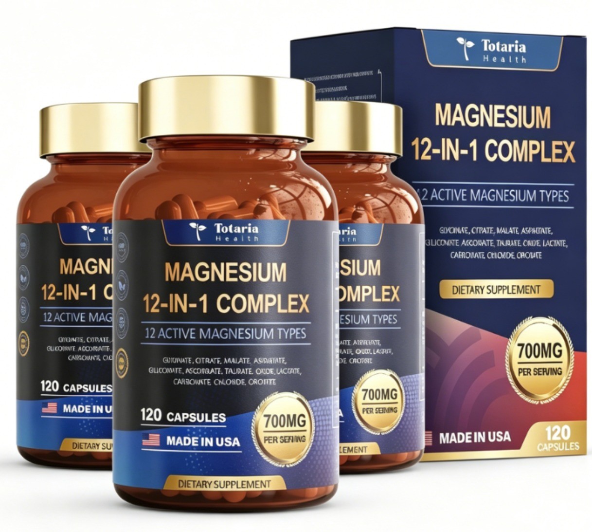 12-in-1 Magnesium 700mg Totaria Nature Vegan Nerve Bone Health Supplement 120C