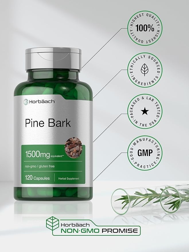 Horbäach Pine Bark Extract Capsules 1500Mg, 120 Count, Non-Gmo and Gluten Free