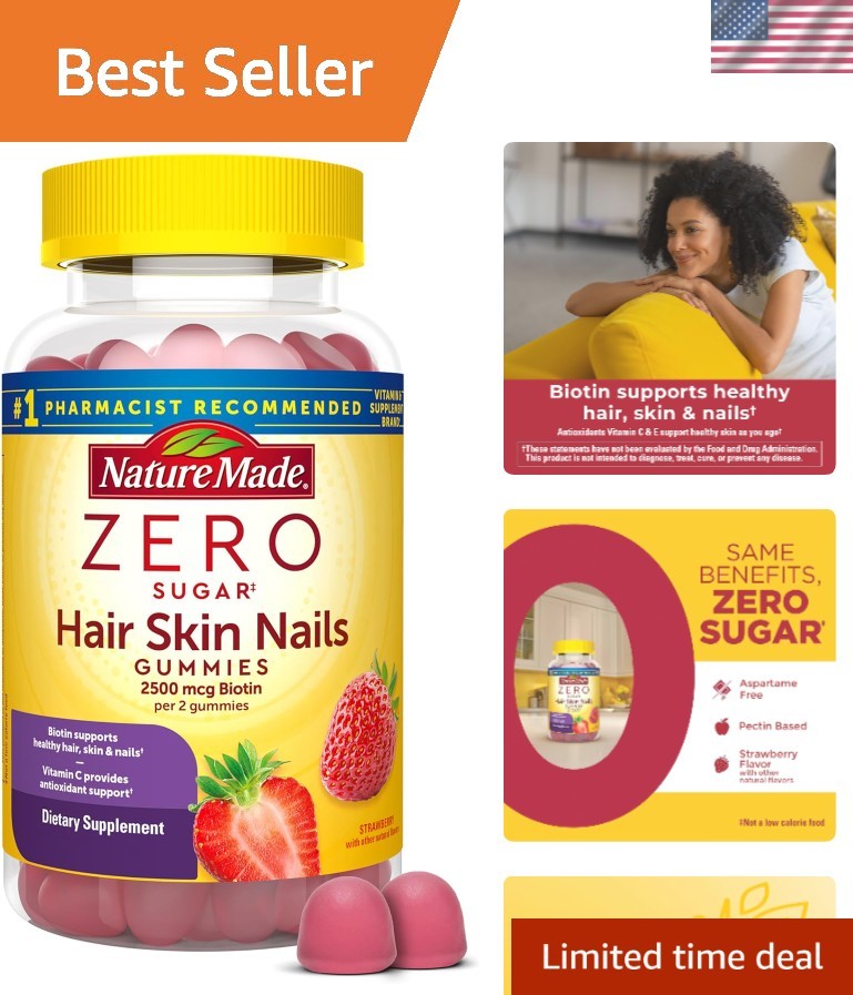 120 Count Sugar Free Biotin Gummies for Healthy Hair, Skin & Nails – Strawberry