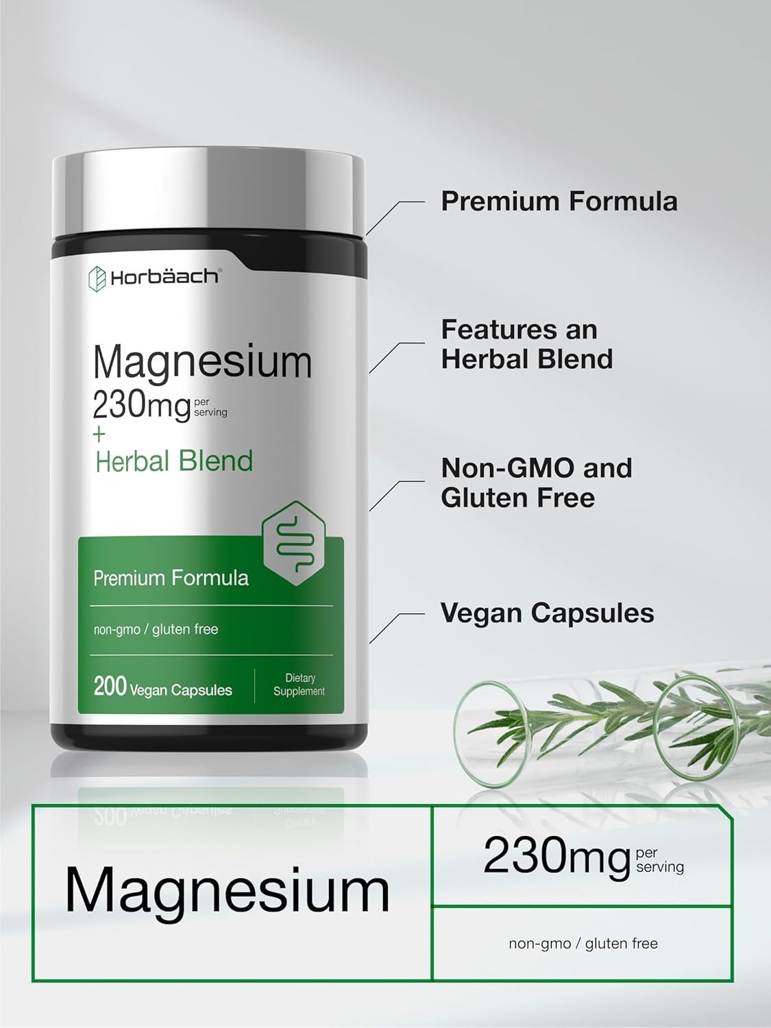 Horbaach Magnesium 230mg | Plus Herbal Blend | 200 Vegan Capsules | Gentle Clean