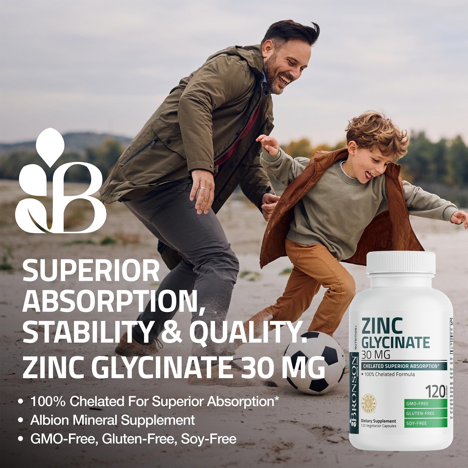 Bronson Zinc Glycinate 30mg Chelated Superior 120 Count (Pack of 1)
