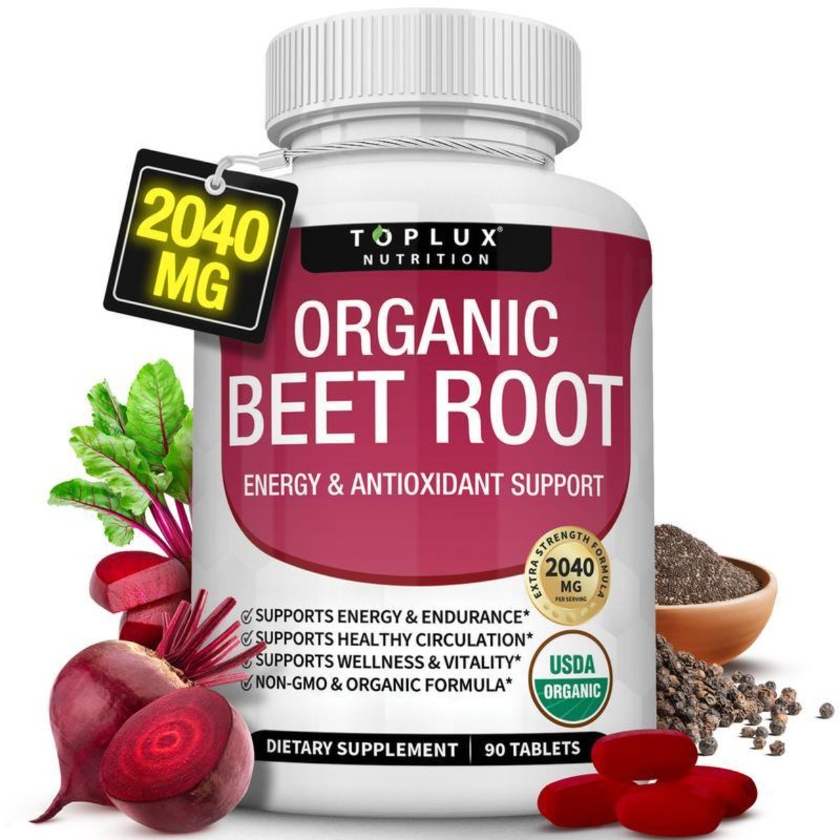Toplux 2040 mg Organic Beet Root Tablets NO Circulation Enhance 90ct Advanced