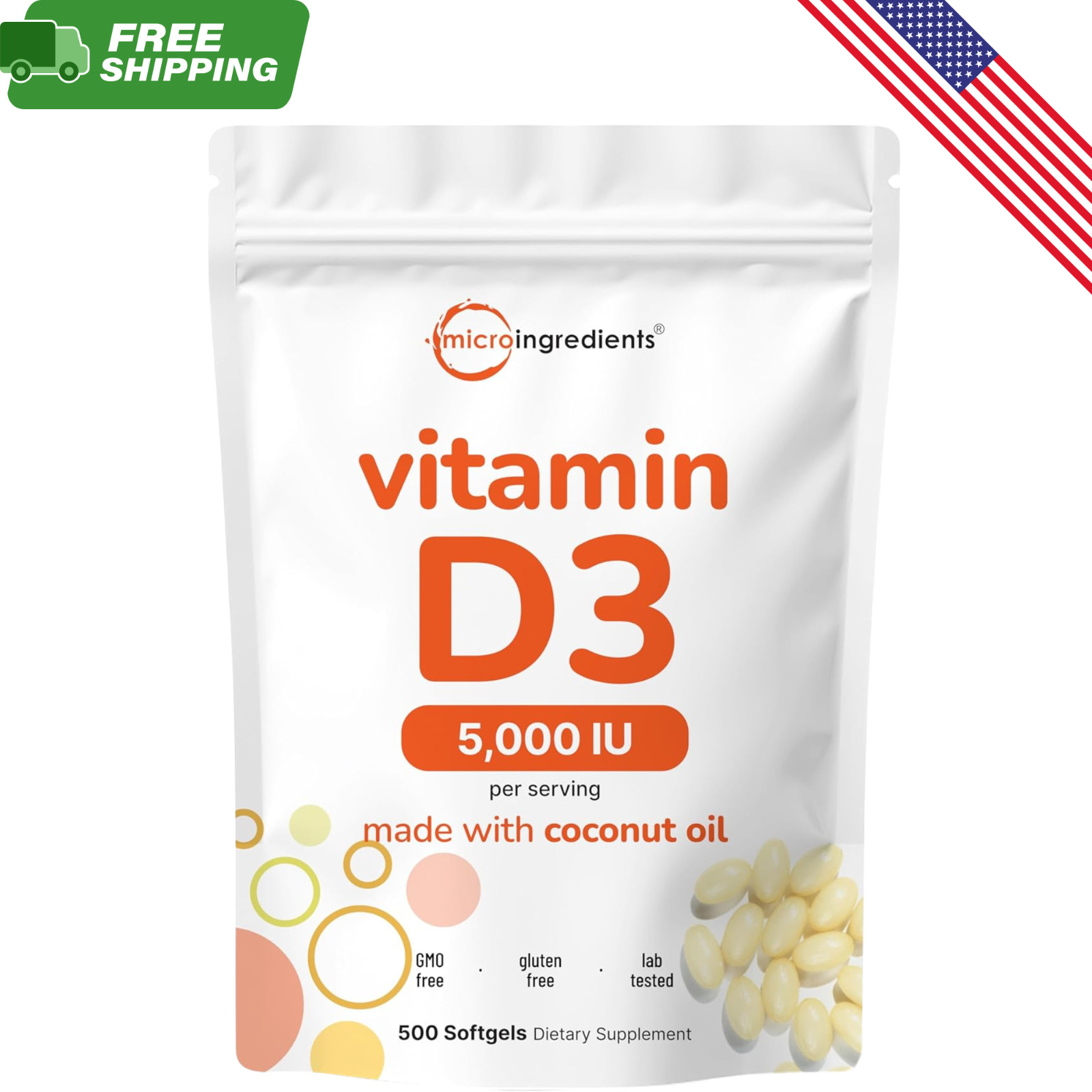 Micro Ingredients Vitamin D3 5000 IU 500 Softgels Coconut Oil Non-GMO Bone Immun