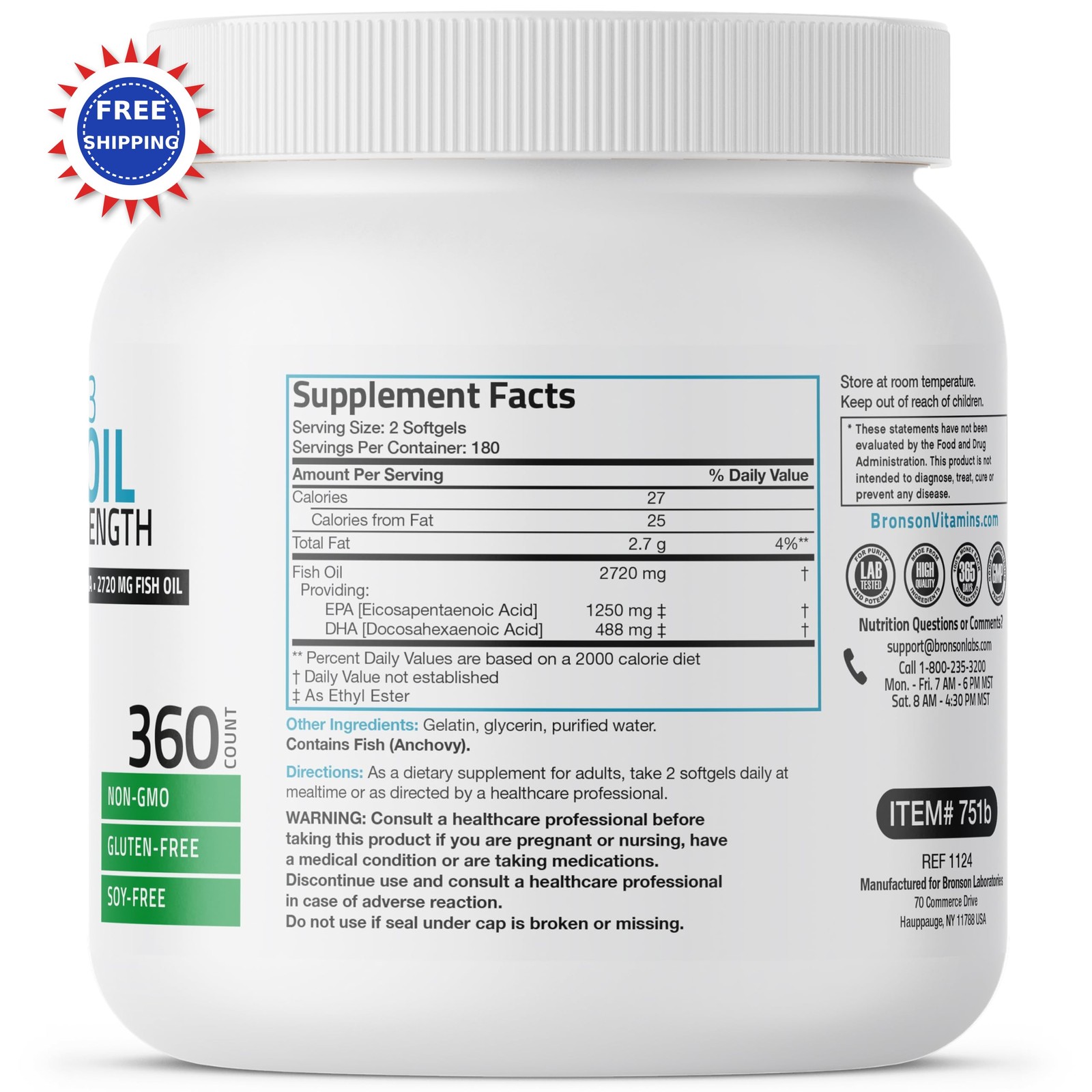 Omega 3 Fish Oil Softgels 360 Count 2720mg EPA 1250mg DHA 488mg Bronson Triple