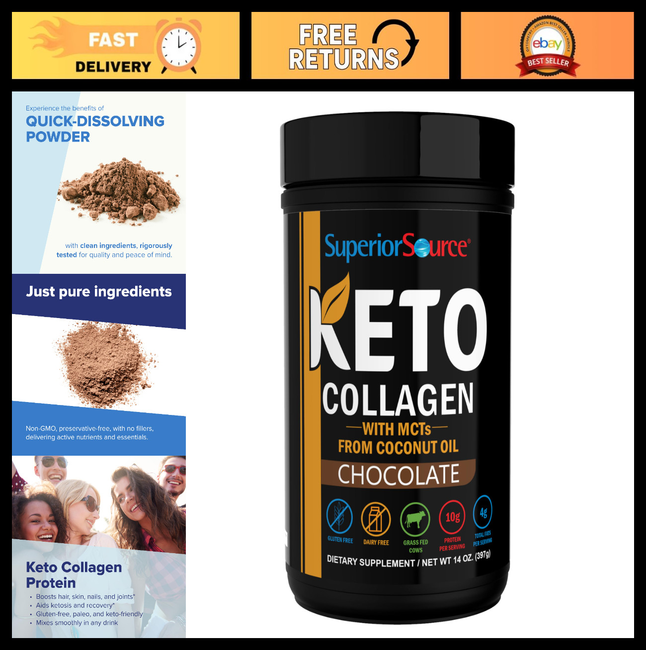 Keto Collagen Protein Powder with MCT Oil – Dairy-Free, Supports Hair, Skin, Nai