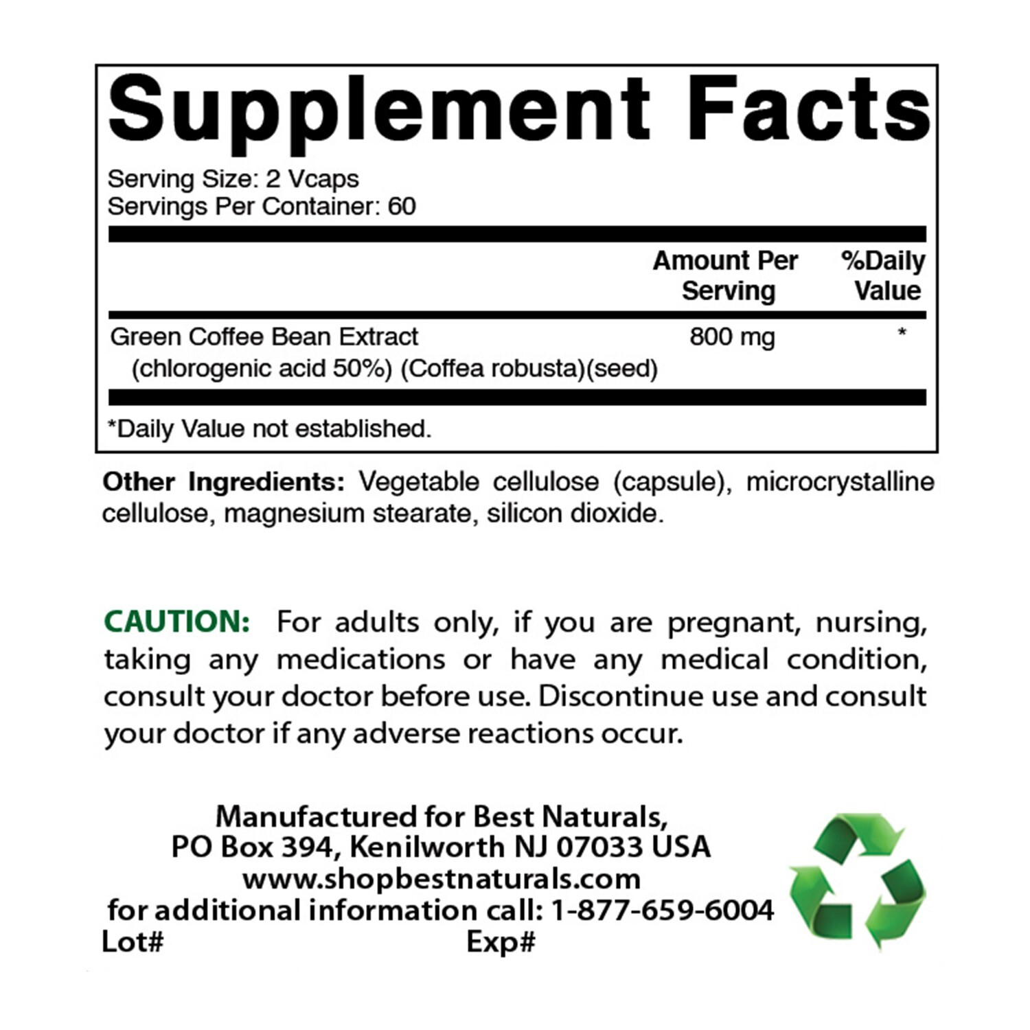 Best Naturals Green Coffee Bean Extract 800mg 120 Vcaps