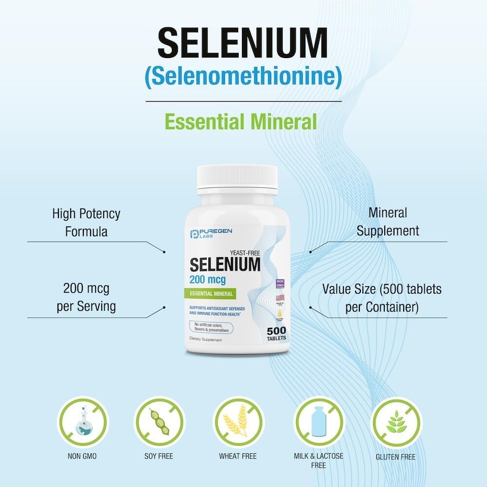 Puregen Labs Selenium 200 mcg Essential Mineral, Antioxidant – 500 Tablets