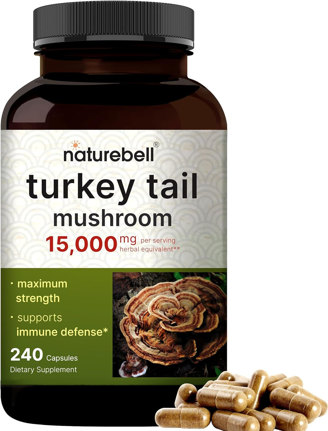NatureBell Turkey Tail Mushroom Capsules 15,000mg Immune & Brain Supplement 240