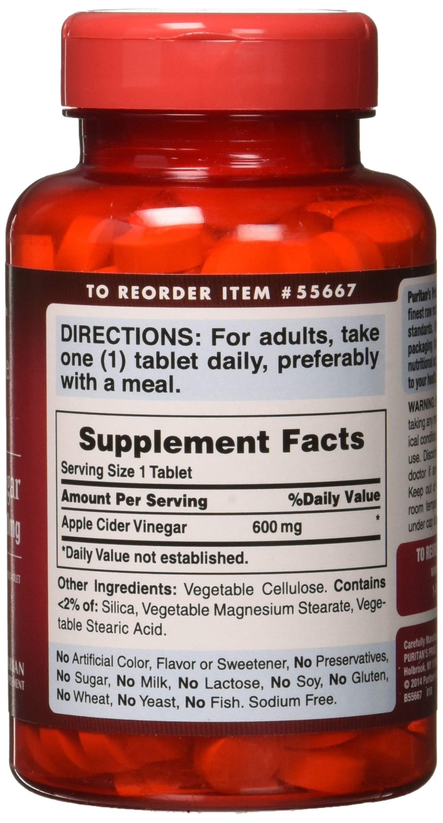 Puritans Pride Apple Cider Vinegar 600 mg Tablets, 200 Count (Packing May Vary)