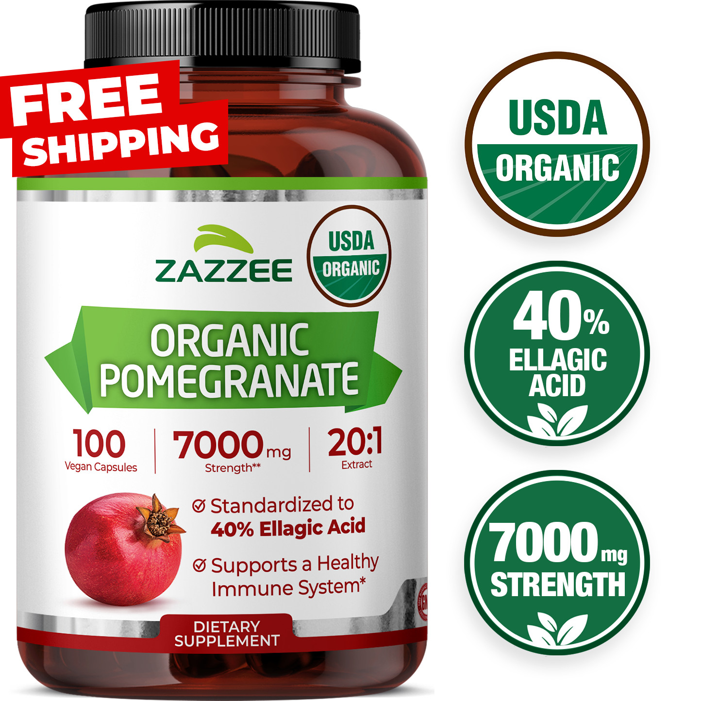 Zazzee USDA Organic Pomegranate 20:1 Extract, 7000 mg Strength, 40% Ellagic Acid