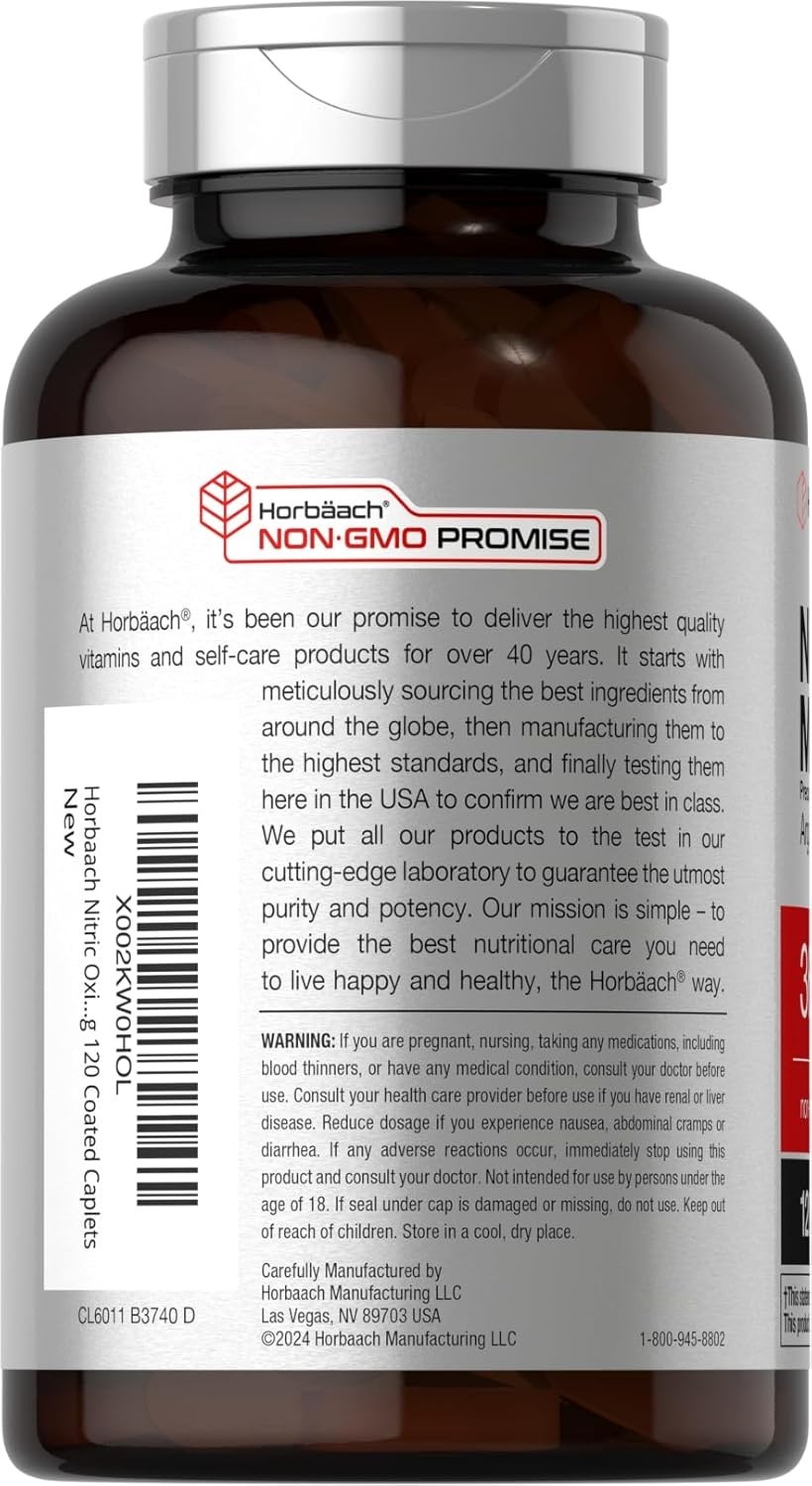 Horbäach Nitric Oxide Max 3600mg | 120 Caplets | with Arginine AAKG for Men and