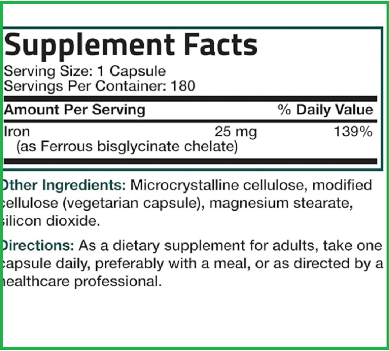 Bronson Iron Bisglycinate 25mg Supports Energy Non-Constipating 180 Veg Capsules