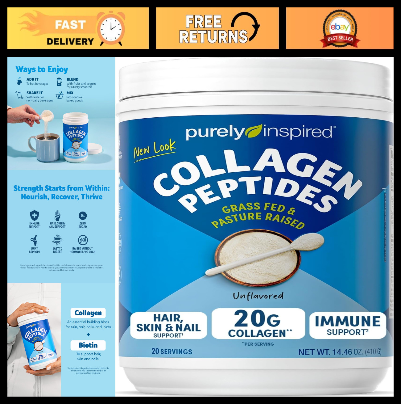 Hydrolyzed Collagen Peptides Powder – Unflavored, 20 Servings, Supports Hair, Sk
