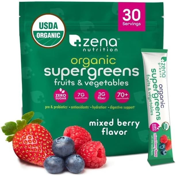 Organic Super Greens Powder – 70+ Superfoods, 0 Sugar, 3g Fiber, Mixed Berry