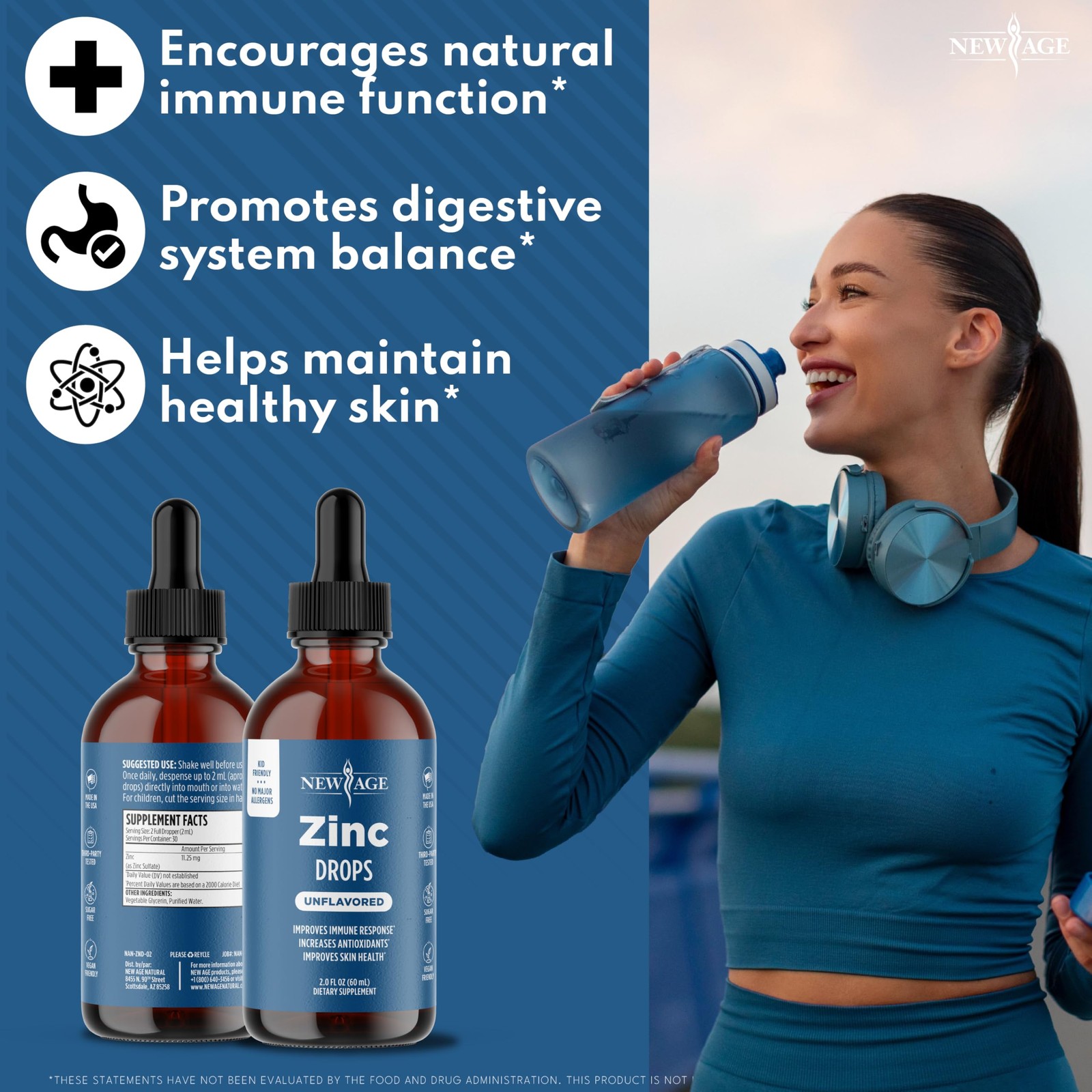 Liquid Zinc Drops for All Ages by NEW AGE – 2 Fl Oz (Pack of 2), Blue