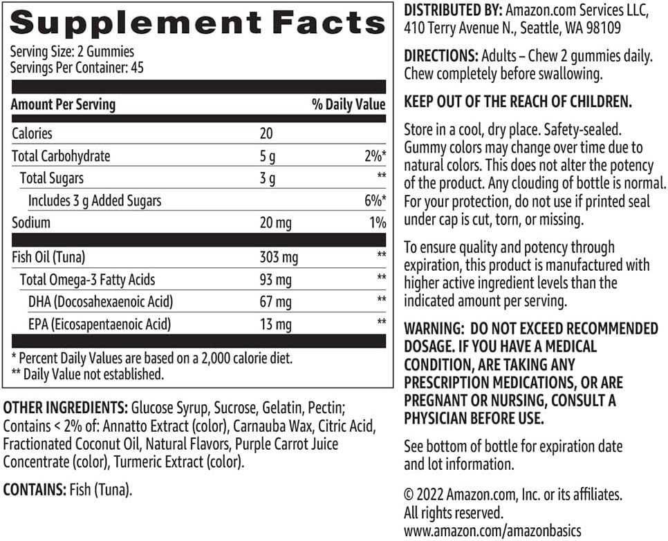 Amazon Basics Fish Oil 303mg Omega-3 Soft Chew Gummies 90 Count
