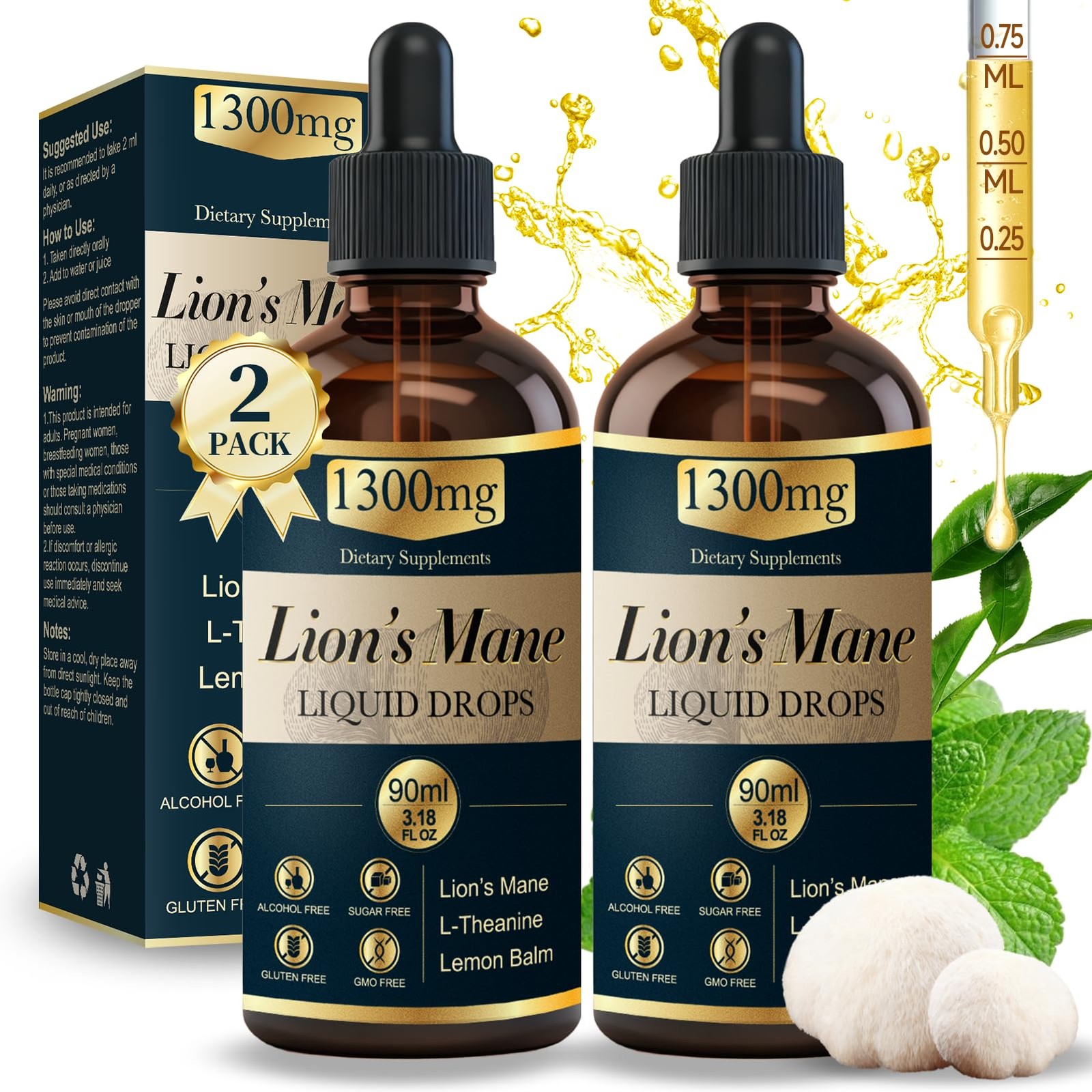 2 Pack*90ml Lions Mane Liquid Drops Organic Mushrooms Supplement with L-Thean…