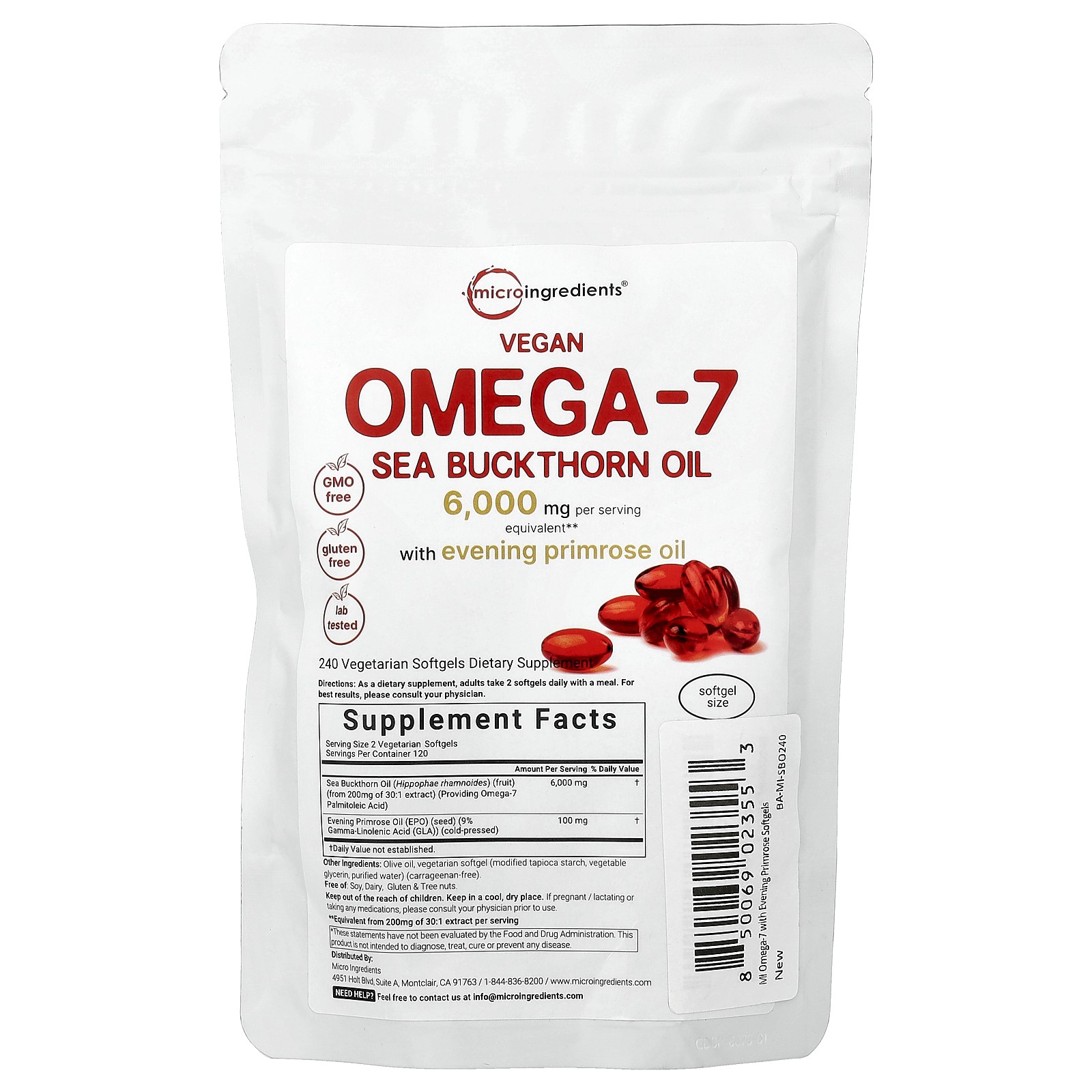 Vegan Omega-7 Sea Buckthorn Oil With Evening Primrose Oil, 240 Vegetarian