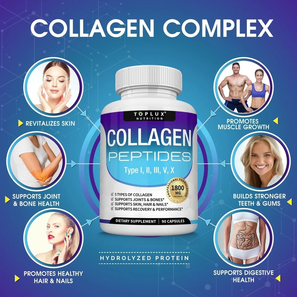Toplux Multi Collagen Peptides 1800mg Types I II III V X 180 Capsules–