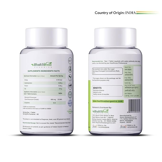 HEALTHVEDA Potassium Citrate 800 Mg 60 Veg Tablets Support Nerve Muscle Joint