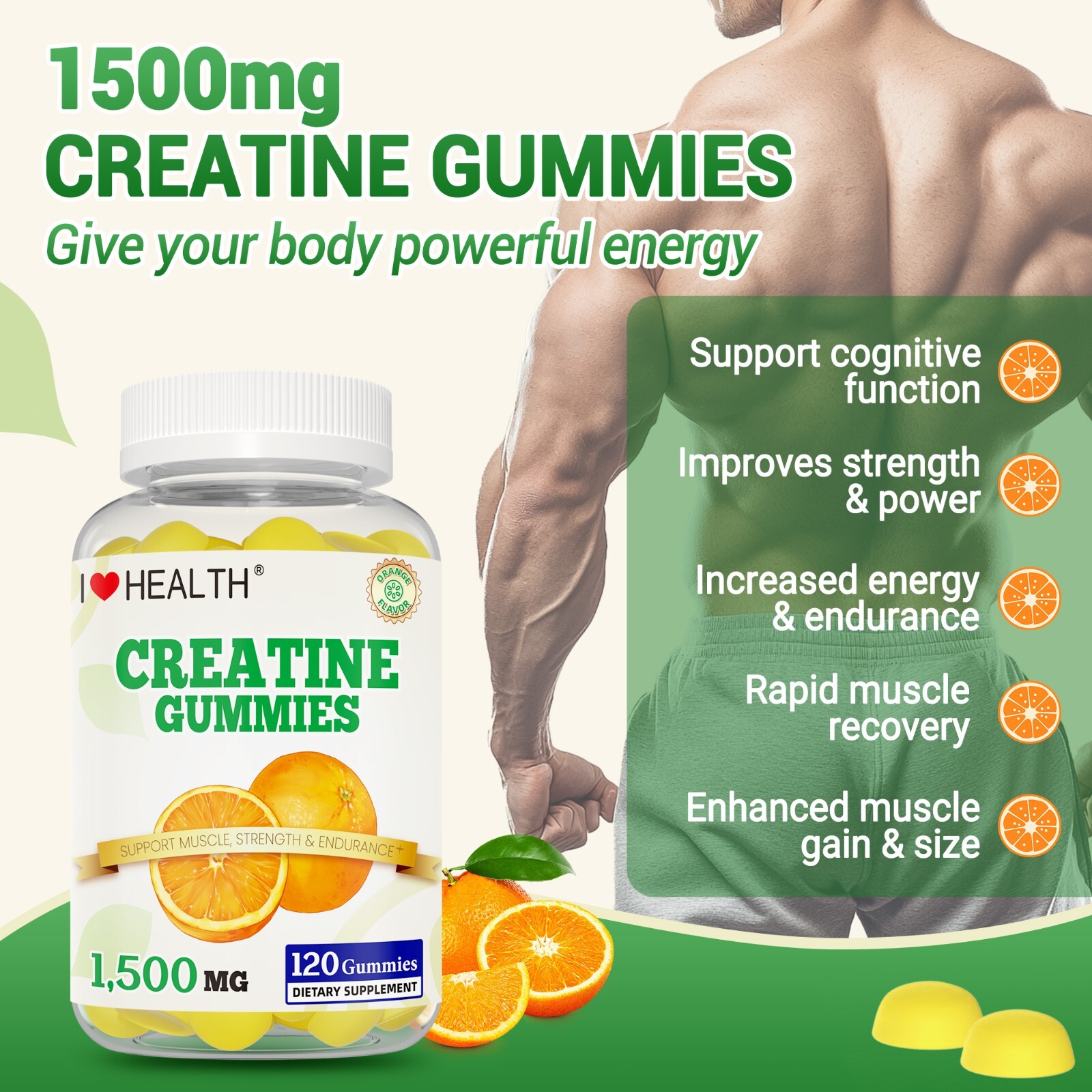 Creatine Gummies, Orange Flavor, Supports Muscle & Brain Health, 120 Count