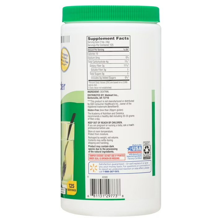 Equate Sugar Free Fiber Powder 17.6 oz Prebiotic Supplement 100% Natural
