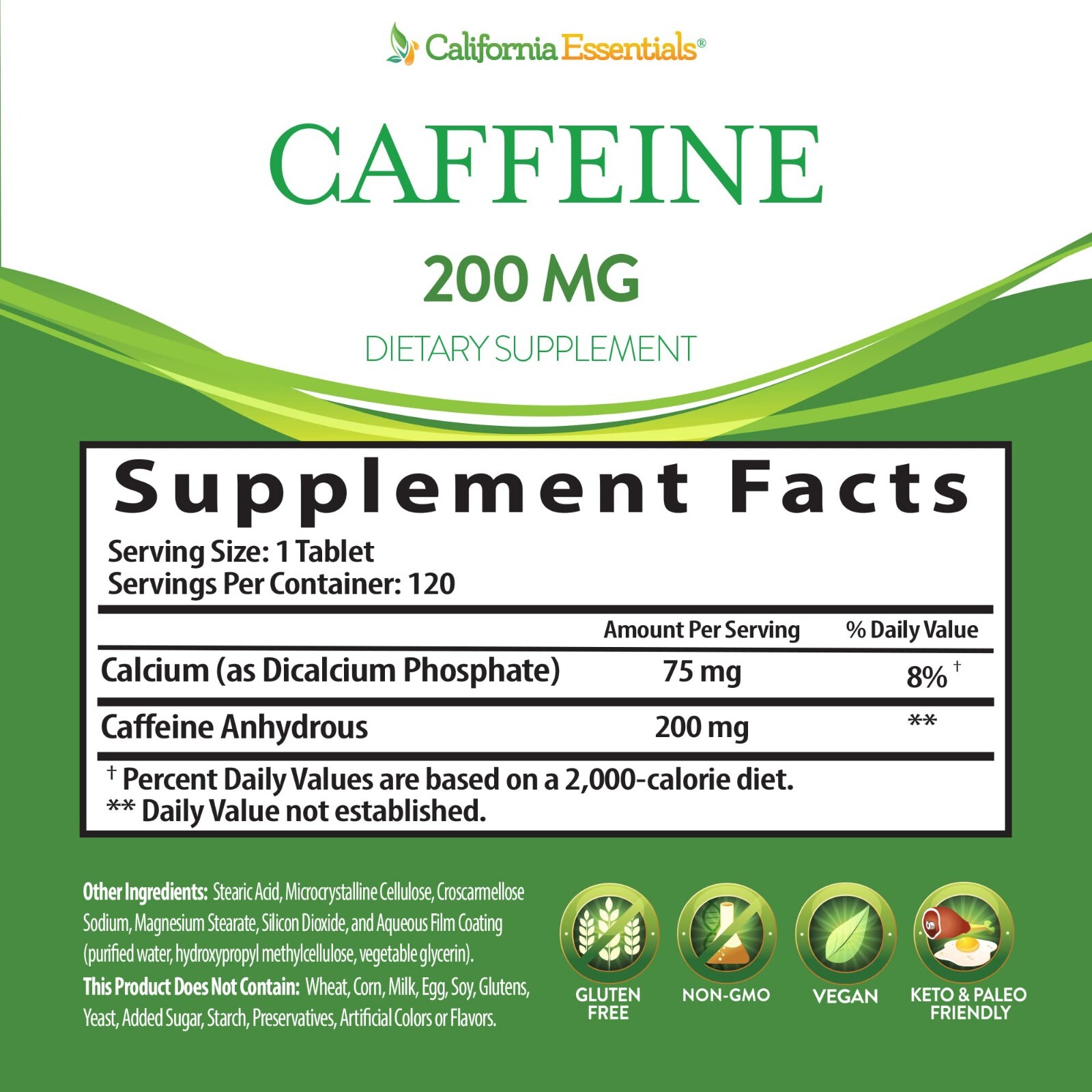 California Essentials Caffeine Pills – 200mg – 120 Tablets – 2 Pack – Free Ship