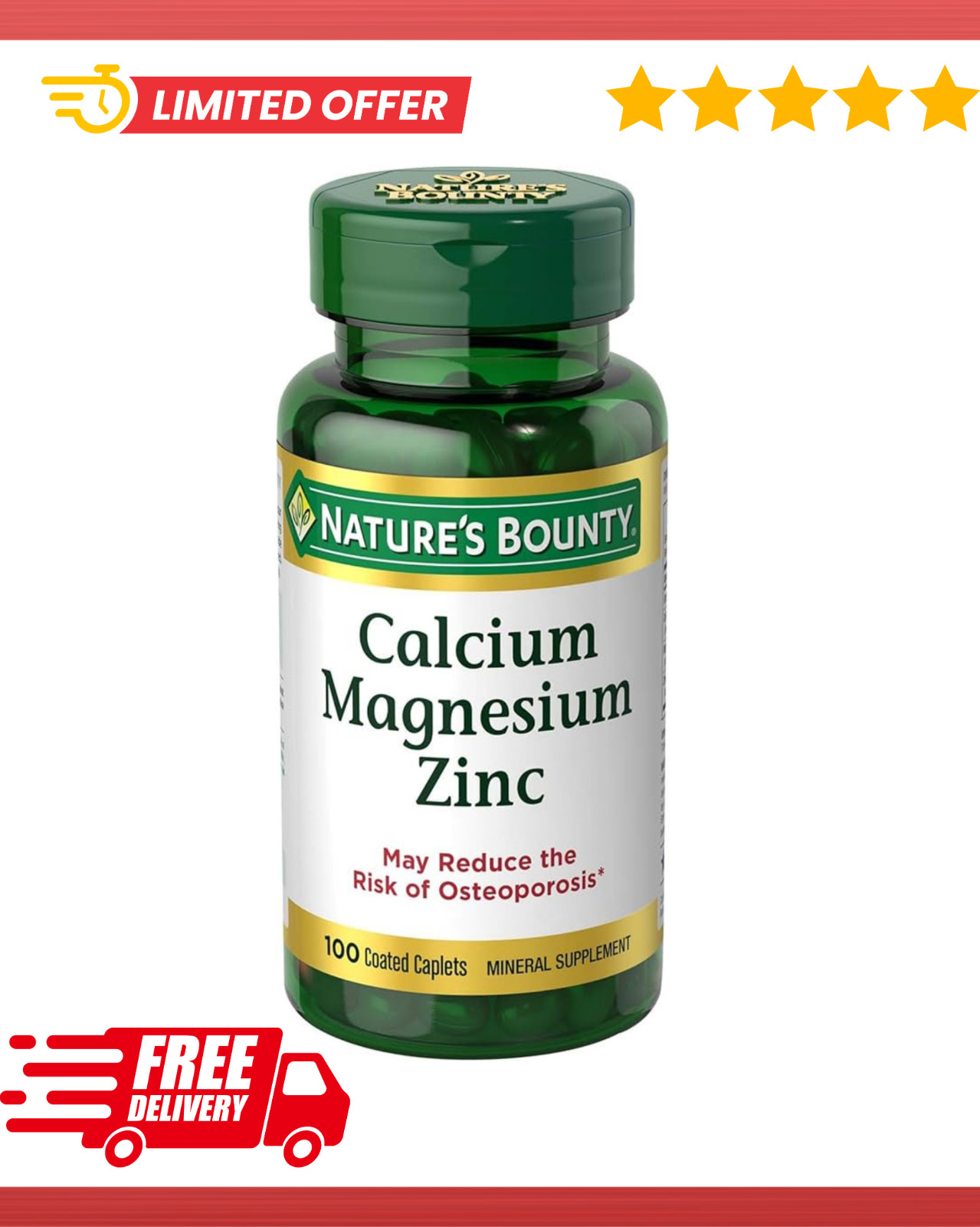 Nature’s Bounty Calcium Magnesium & Zinc Caplets, 100 Count (Pack of 1)