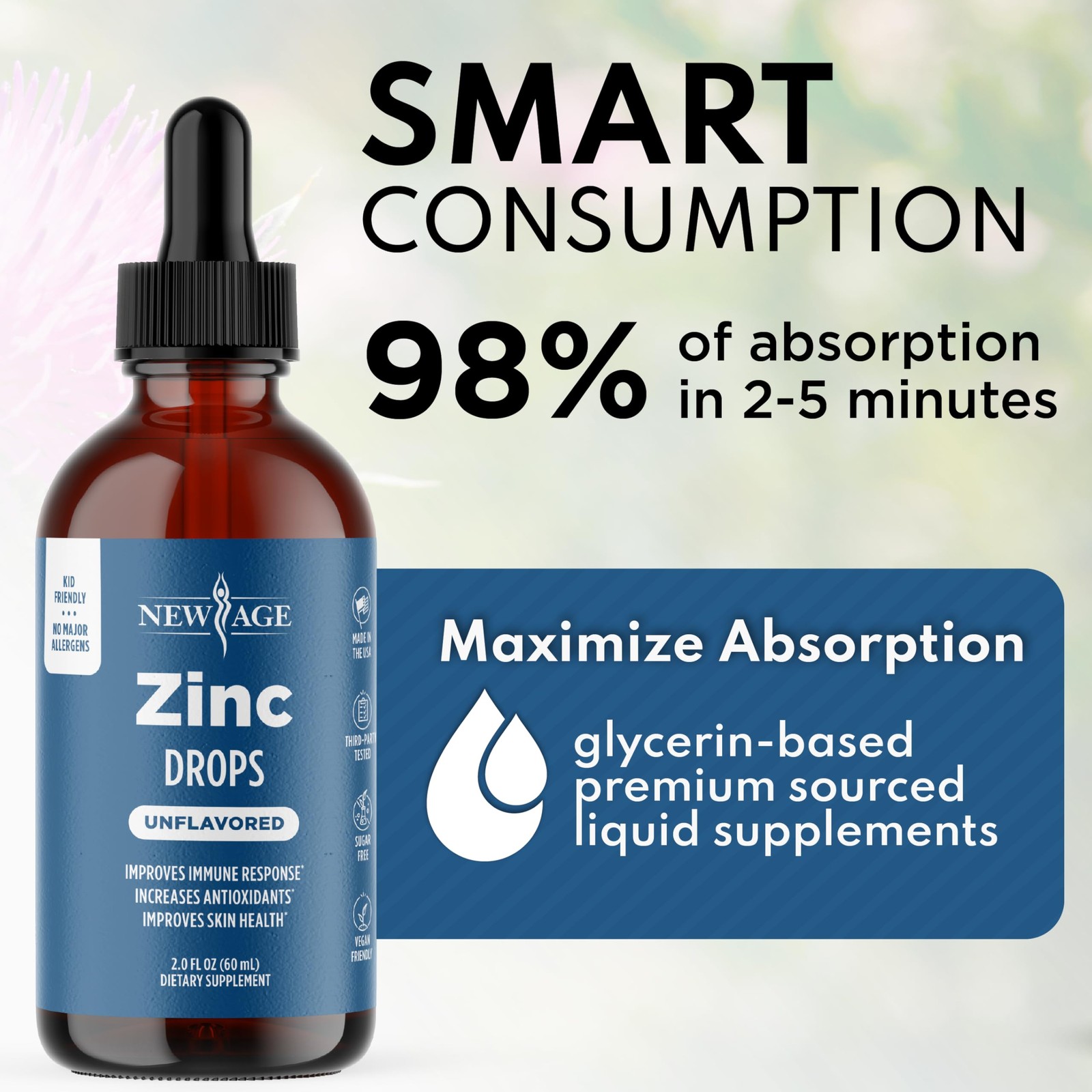 Liquid Zinc Drops for All Ages by NEW AGE – 2 Fl Oz (Pack of 2), Blue